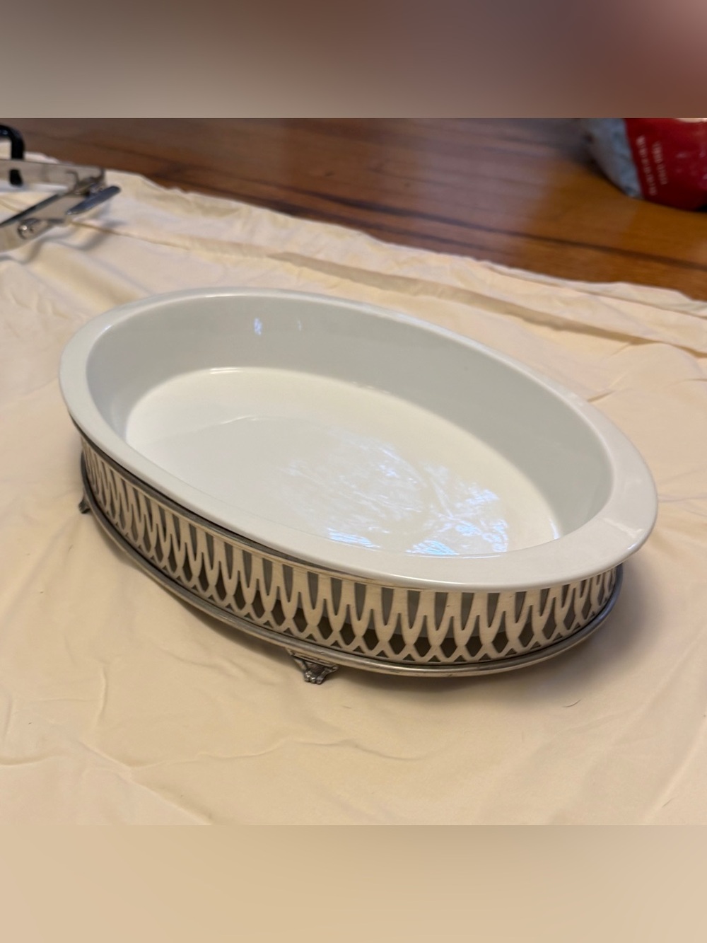 Ballard Designs White Ceramic Oval Serving Dish with Silver Filigree Footed Base